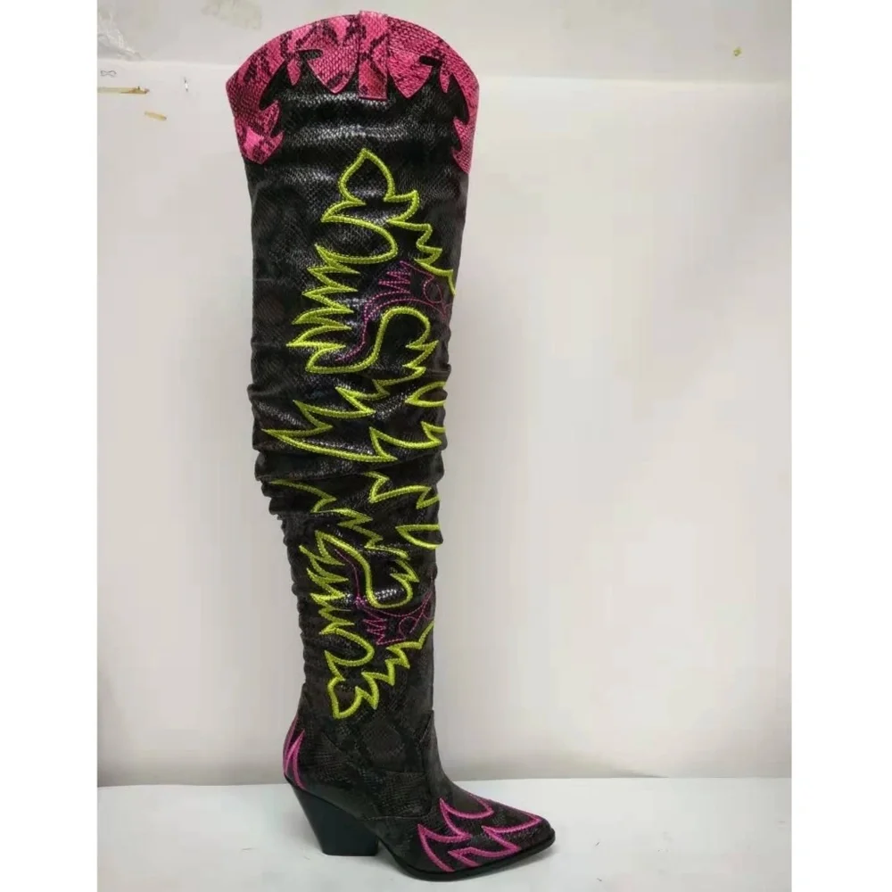 Sarah Siah Black Over-the-Knee Boots with Neon Green and Pink Embroidery